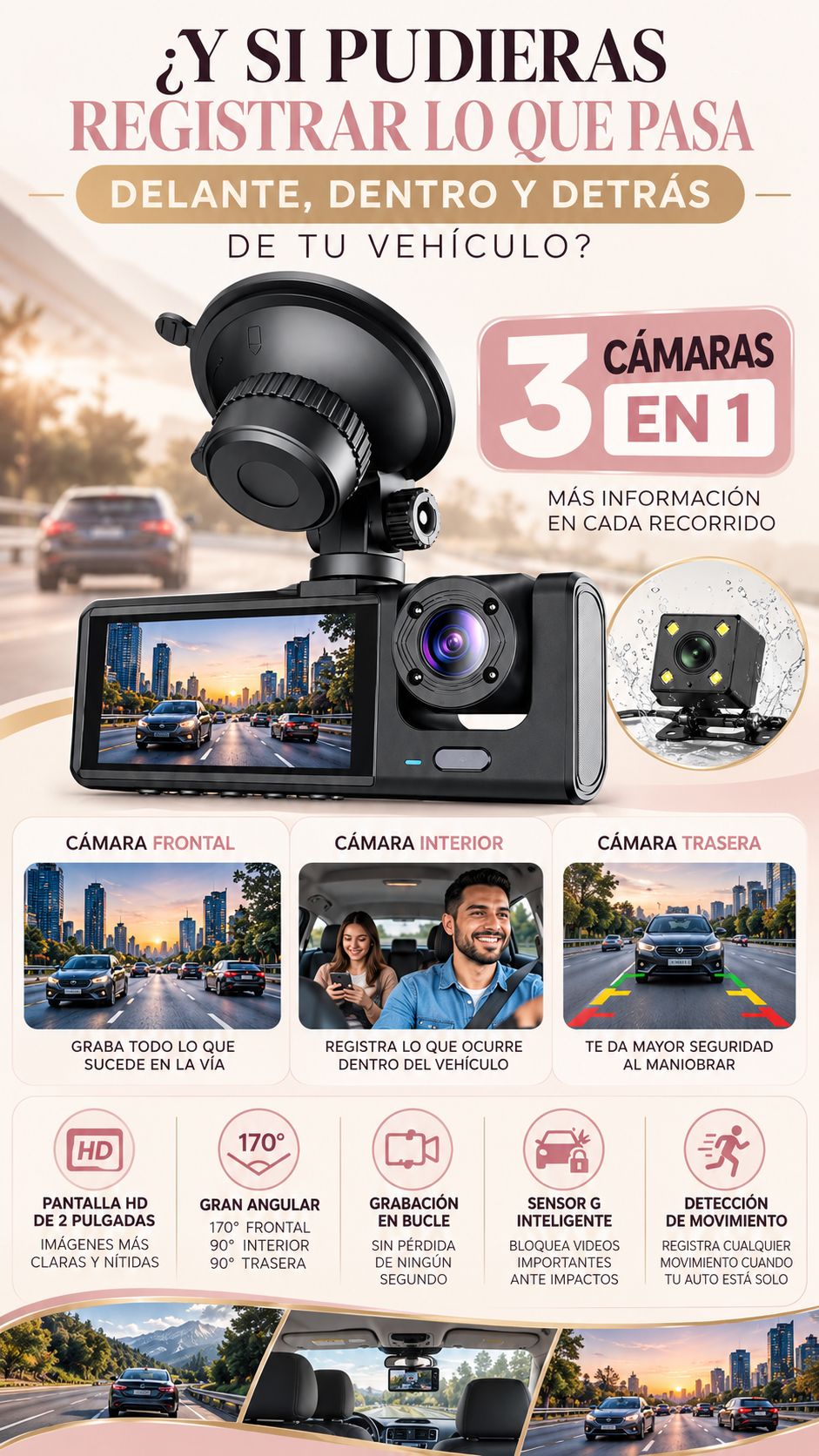 Visión Total 3 en 1 | Cámara de Seguridad para Carro