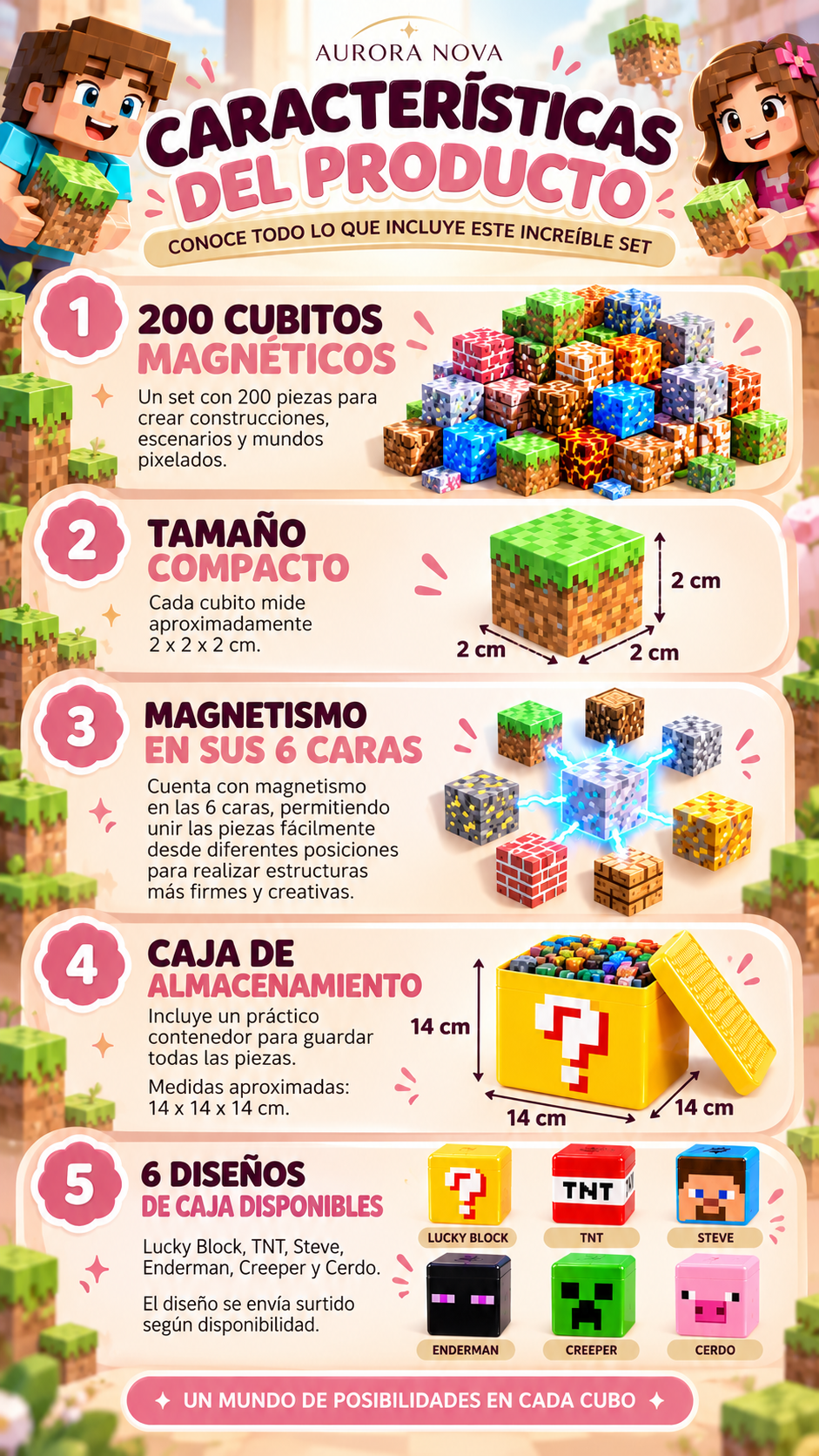CuboMundo Minecraft Magnético | Set de 200 piezas